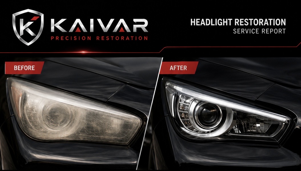 KAIVAR headlight restoration concept showing cloudy and clear headlight examples